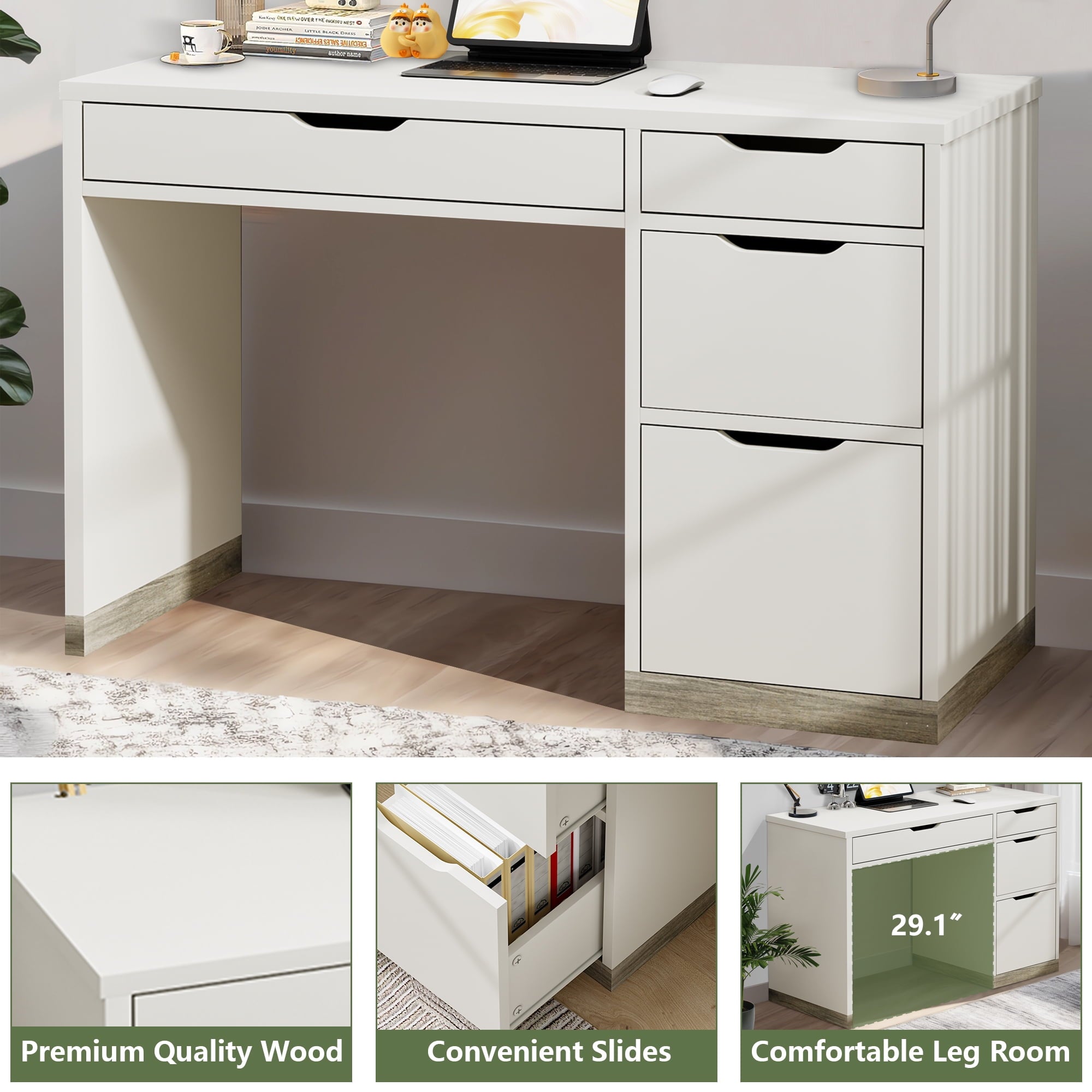 DreamCurship White Desk with Drawers, Modern Computer Desk with File Drawers, Home Office Study Writing Desk with Storage, White