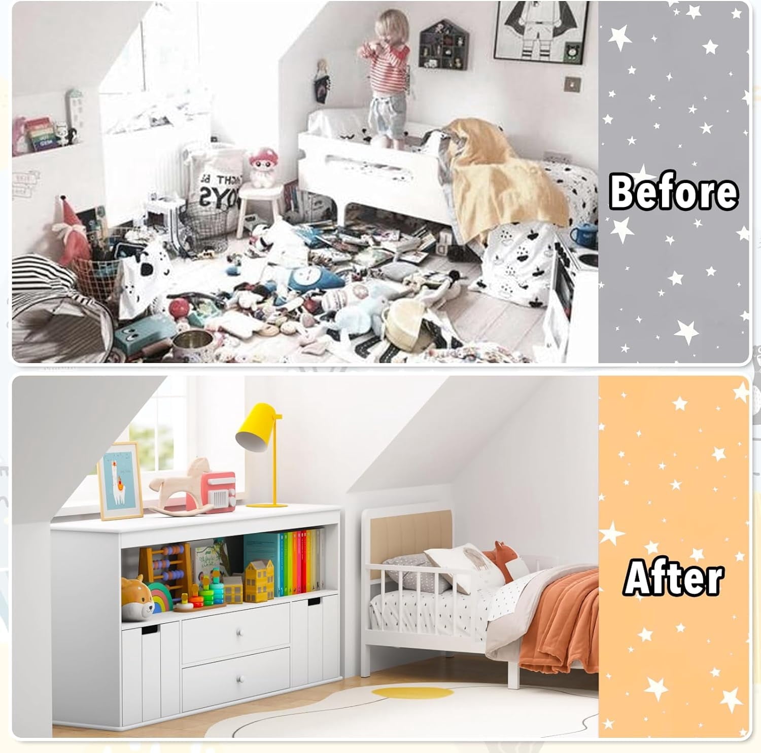 44.5" Toy Storage Organizer with 2 Drawers, Wooden Toy Organizer Bins, Kids Bookshelf for Reading, Storing, Playing, White