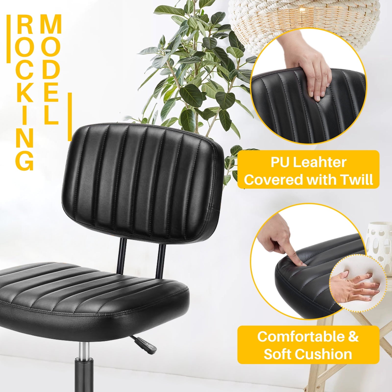 Cute Task Chair, Adjustable Armless Activity Chair with Wheels, Comfy Low Back Swivel Desk Chair, Black