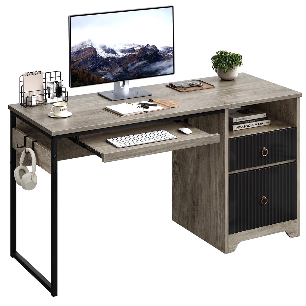 Bestier 55 Inch Office Desk with Drawers, Keyboard Tray, 2 Hooks, Modern Fluted Computer Desk for Home, Grey