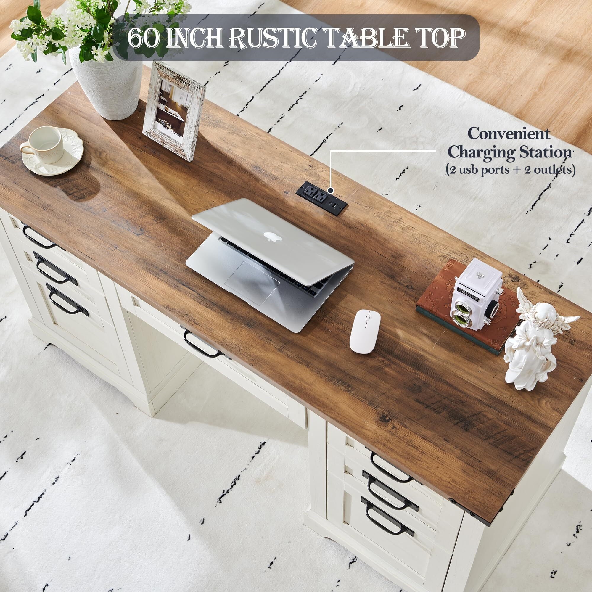 OKD Farmhouse Executive Desk, Rustic Office Desk with Charging Station and Keyboard Tray,Home Workstations with File Drawer, Storage Cabinet,Wood Computer Writing Desk, Antique White