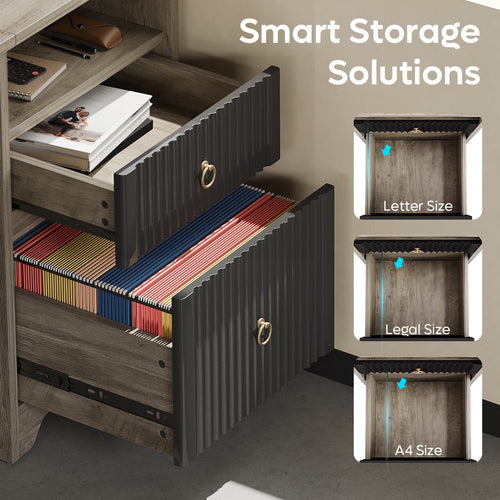 Bestier 55 Inch Office Desk with Drawers, Keyboard Tray, 2 Hooks, Modern Fluted Computer Desk for Home, Grey