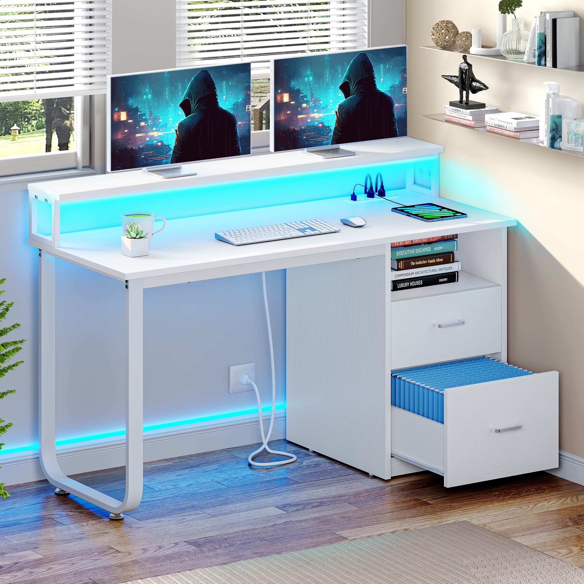 DWVO 47" Computer Desk with Storage Drawers & LED Light, Office Desk with Monitor Stand & Power Outlets, Work Study PC Desk for Small Spaces, Home Office, White