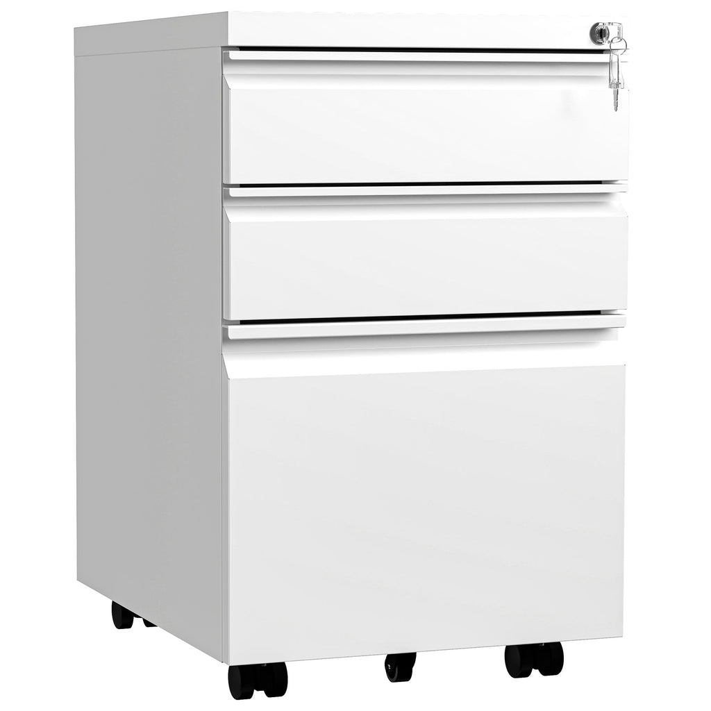 3-Drawer Lockable Steel Filing Cabinet with Keys - Includes Stationery Box, Horizontal Hanging Rod & Mobile Casters, White