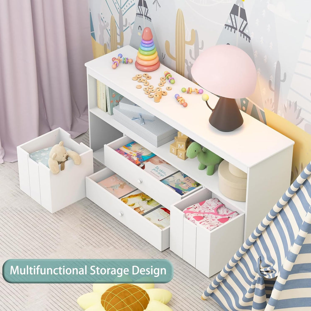 44.5" Toy Storage Organizer with 2 Drawers, Wooden Toy Organizer Bins, Kids Bookshelf for Reading, Storing, Playing, White