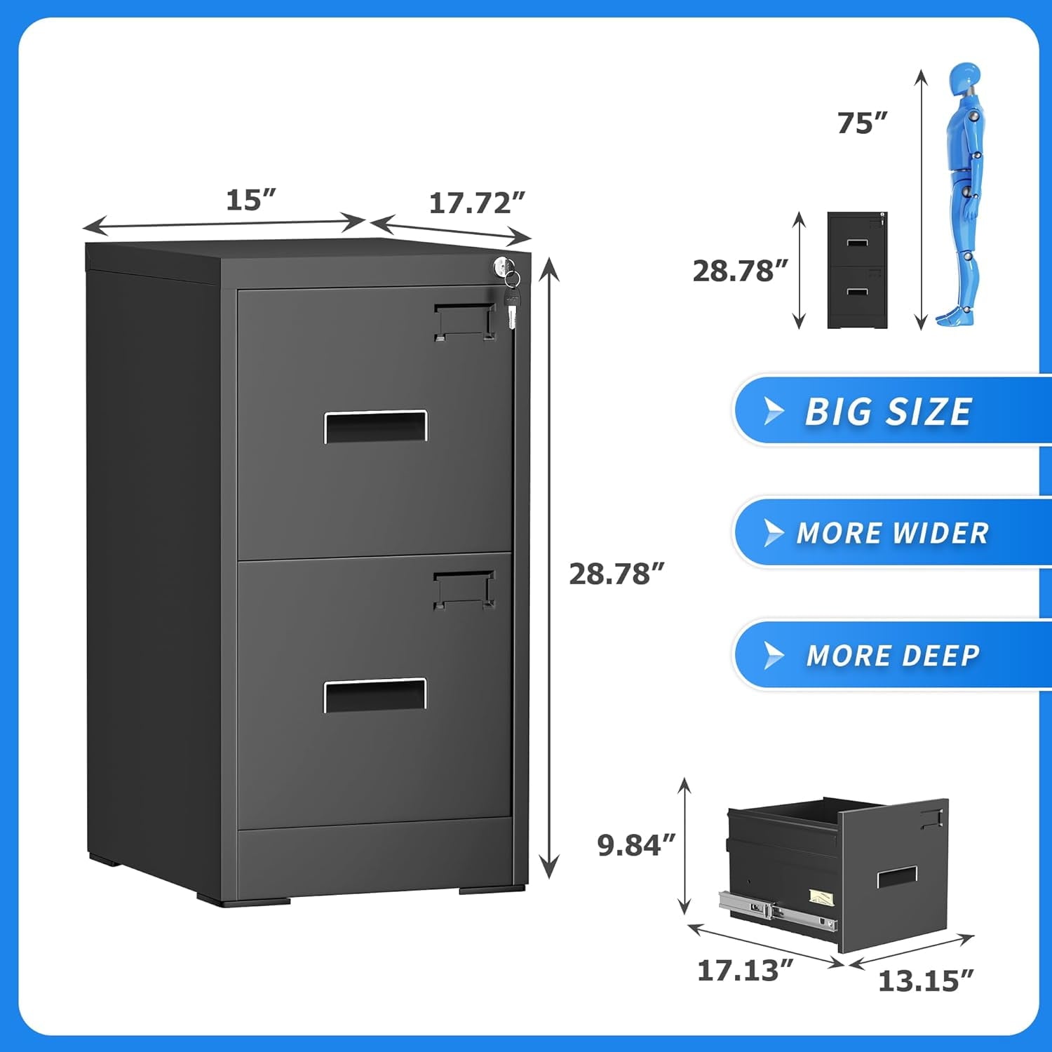 SOLAURA 2 Drawer Metal Vertical File Storage Cabinet with Lock for Home, Office, Steel File Cabinet for A4 Letter /Legal Size (Black)