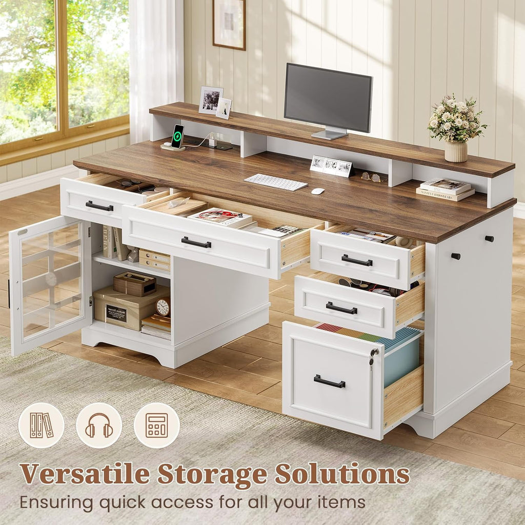 60'' Farmhouse Executive Desk with Drawers, Computer Desk with Power Outlet and LED Lights for Home, Office, White