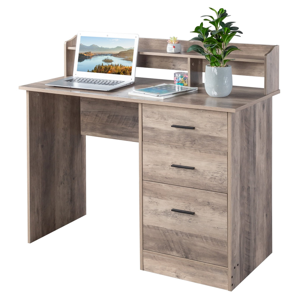 Ktaxon Wood Computer Desk Office Laptop PC Work Table, Writing Desk with 3 Drawers File Cabinet for Letter Size,Gray