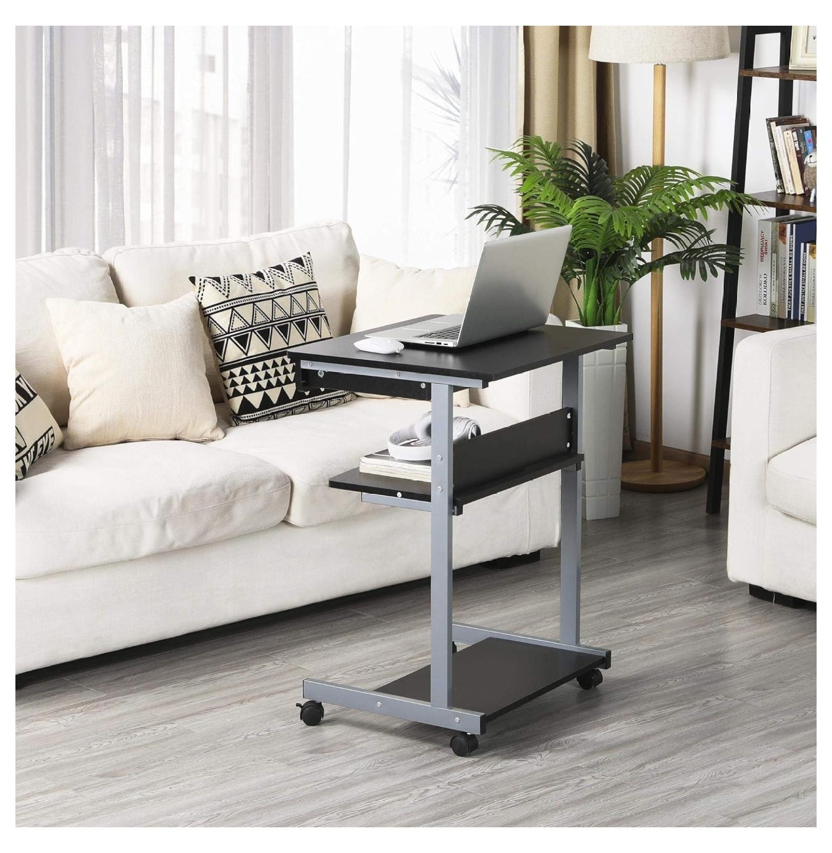 saney Mobile Compact Computer Desk Cart for Small Spaces, Work Workstation, Writing Desk Table with Drawers and Printer Shelf on Wheels