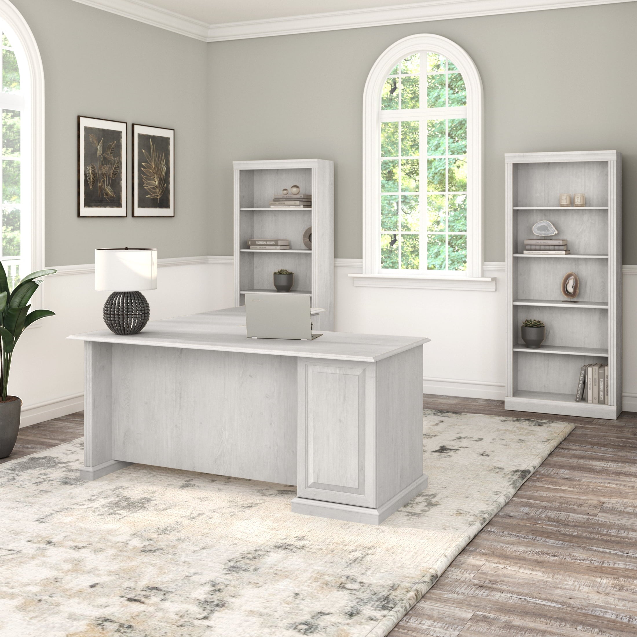 Bush Furniture Saratoga L Shaped Computer Desk with Drawers in Linen White Oak