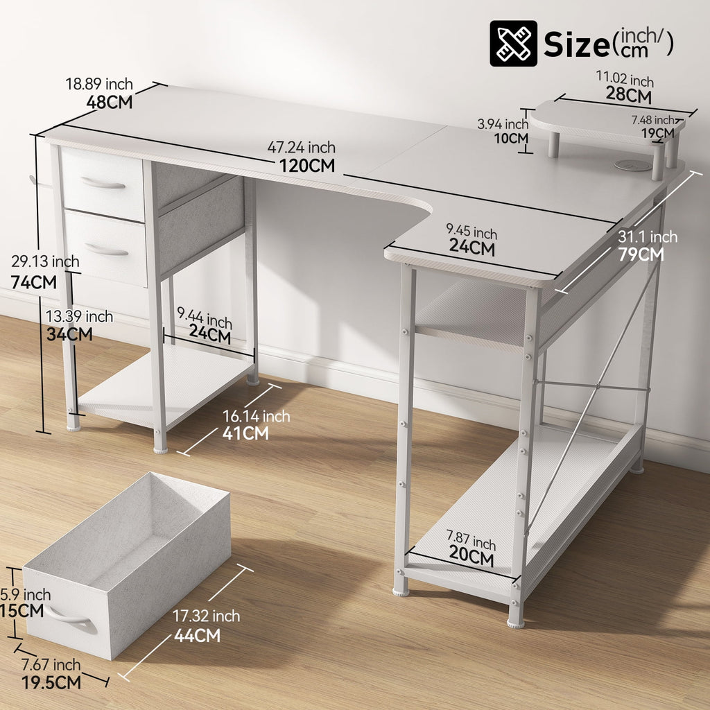 GTRACING Gaming Desk with Drawers, Carbon Fiber Style L Shaped Computer Desk Compatible with Monitor Arm Corner Desk Gaming Table for Home Office Desks, Easy to Assemble Adjustable Shelf Height