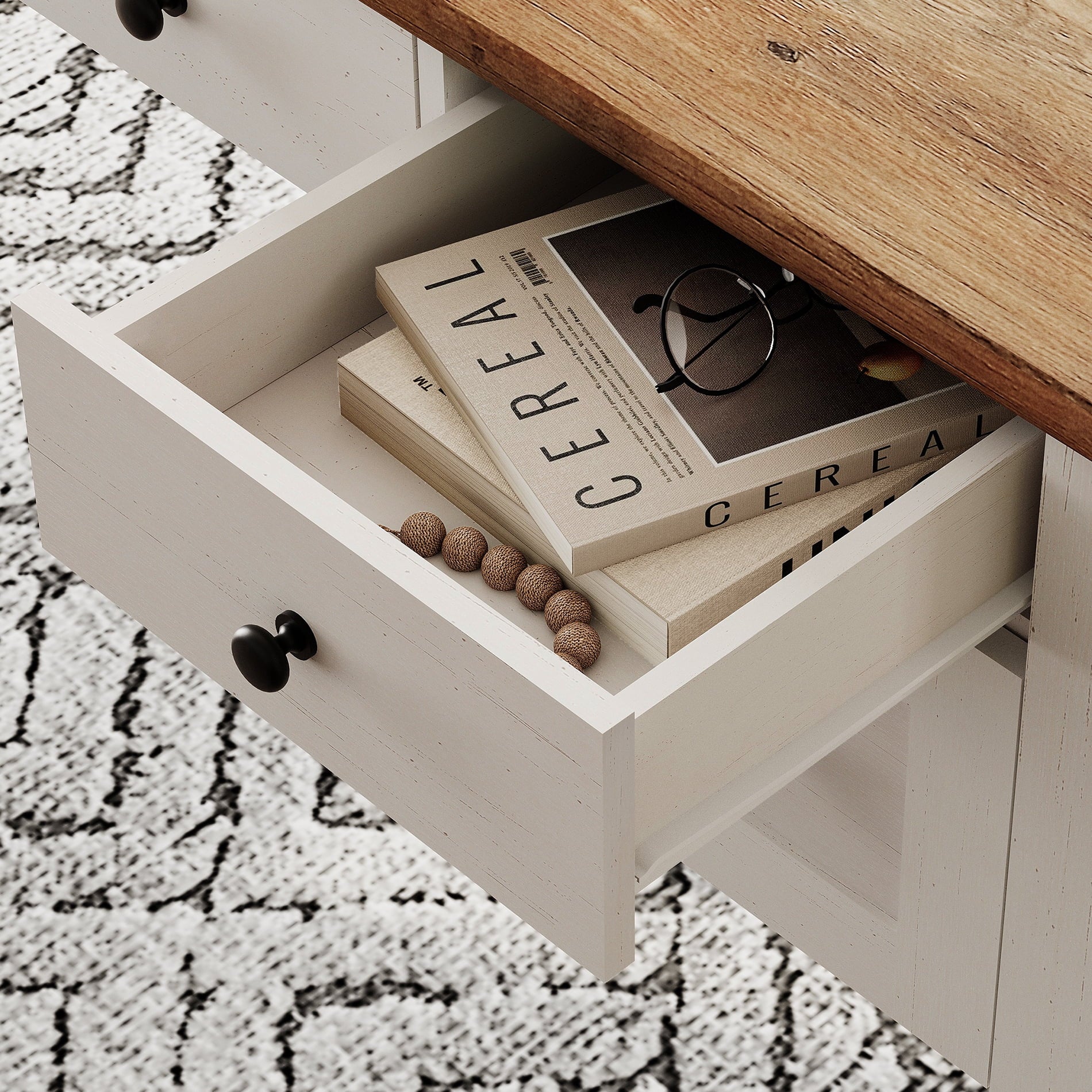 Farmhouse Executive Desk with 5 Drawers, Home Office Desk with Charging Station, Wooden Computer Desk with File Cabinet Storage, Door, Open Shelf for Work and Study, White, 56 inch