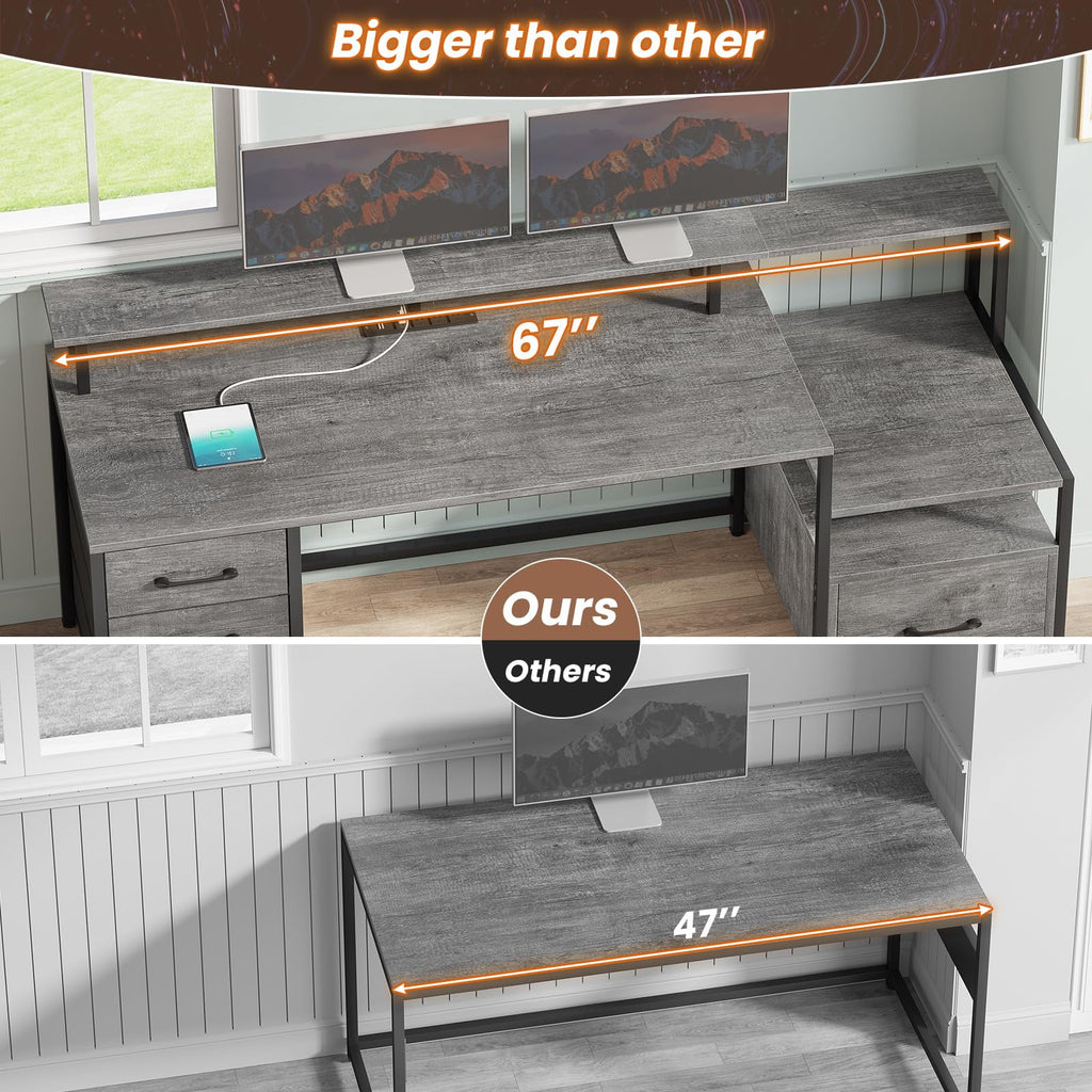 Computer Desk with 5 Drawer and LED Lights, Home Office Desk with Power Outlet, Grey