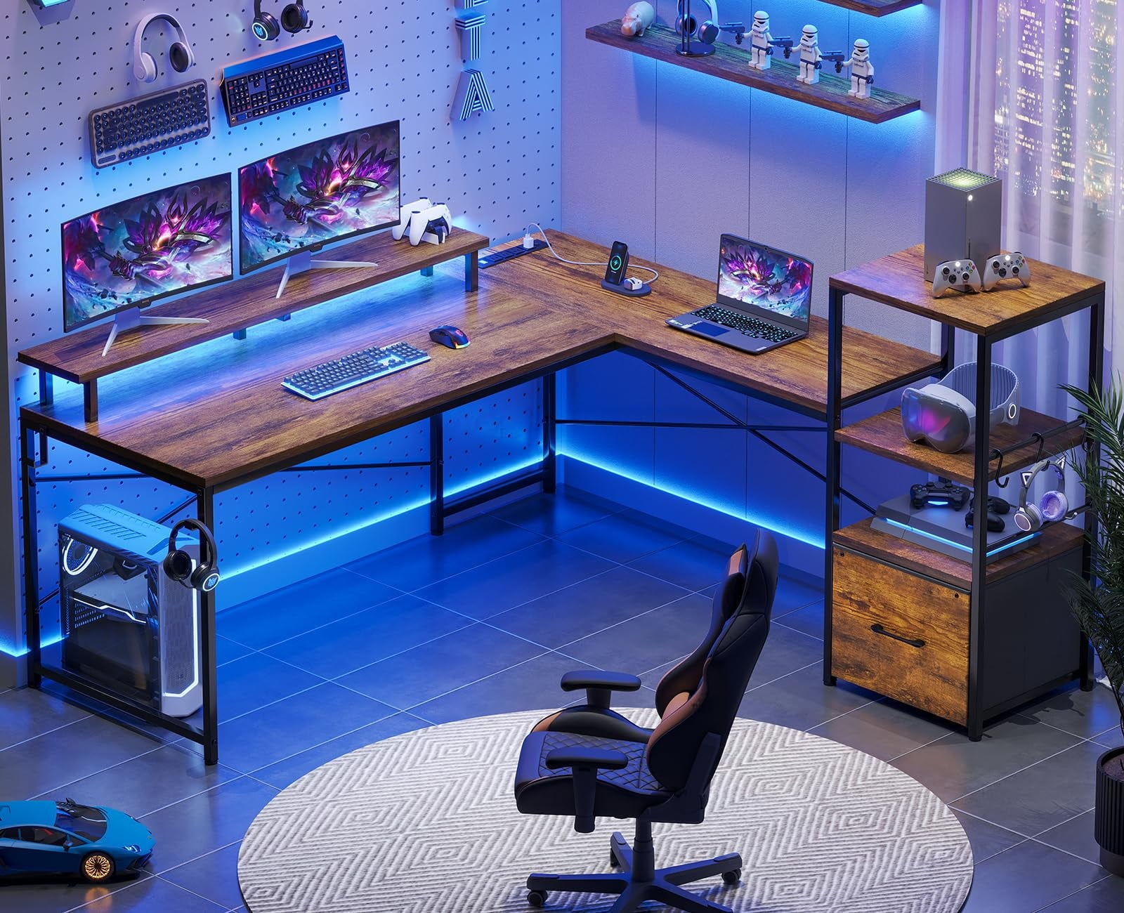 L Shaped Desk with Power Outlets and LED Lights, Reversible Computer Desk with Fabric File Drawer, Rustic Brown