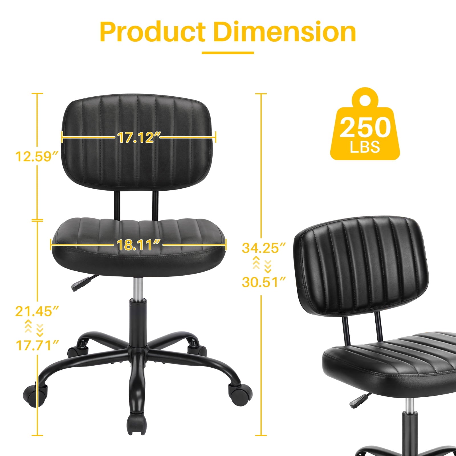 Cute Task Chair, Adjustable Armless Activity Chair with Wheels, Comfy Low Back Swivel Desk Chair, Black