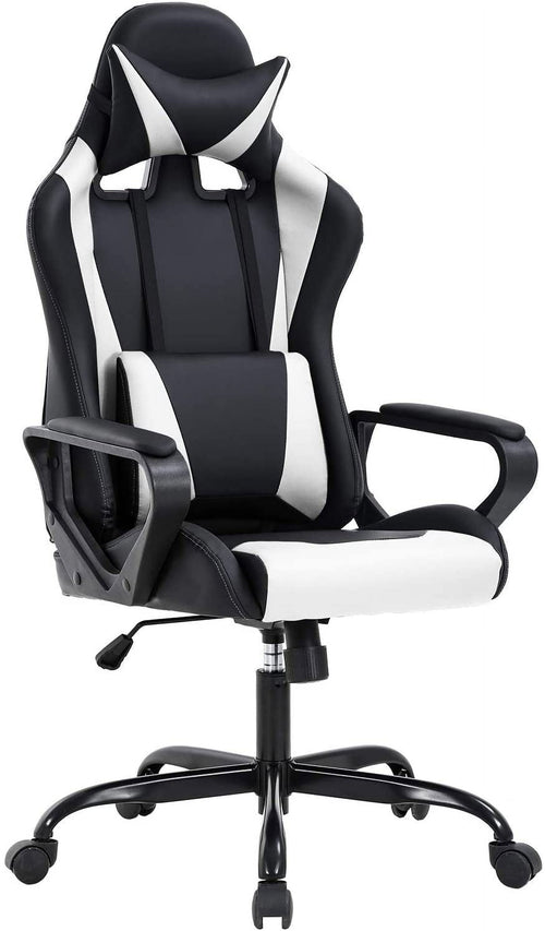 BestOffice Racing Gaming Chair w/Adjustable Lumbar Pillow & Reclining Backrest, White