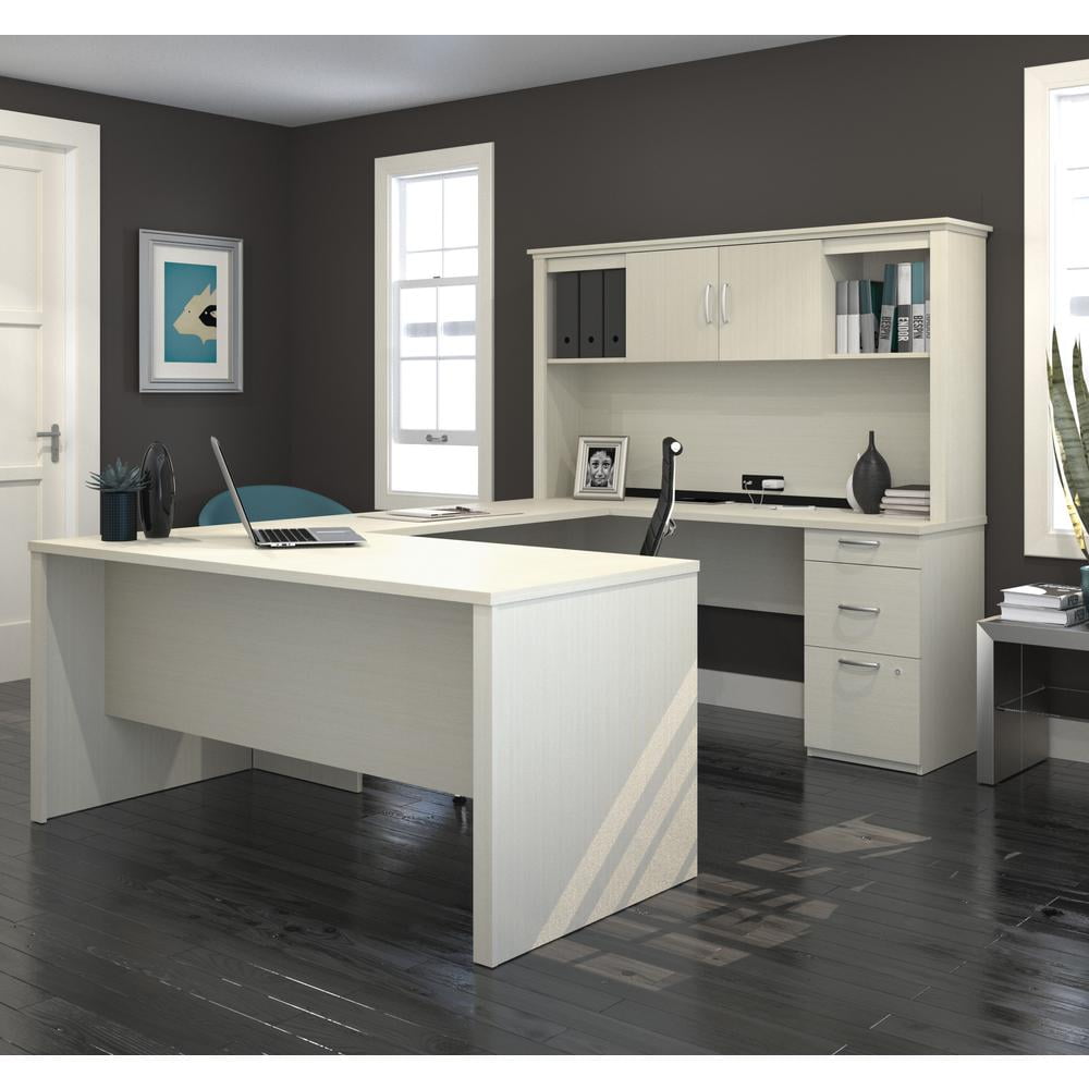 Bestar Logan Modern Wood U Shape Computer Desk with Hutch in White Chocolate