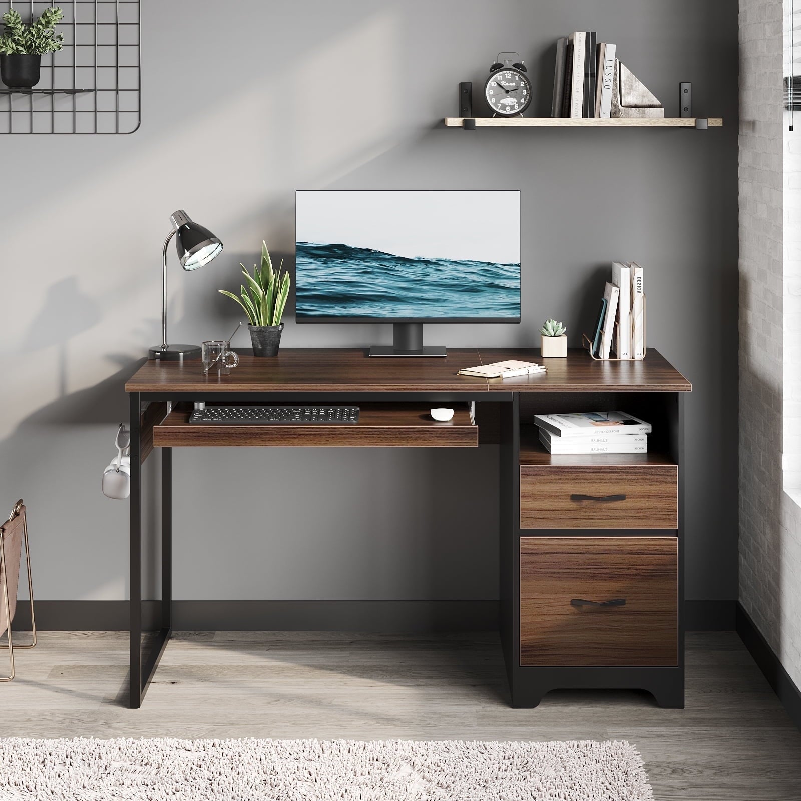Bestier 55 Inch Office Desk with Drawers, Keyboard Tray, 2 Hooks, Modern Fluted Computer Desk for Home, Grey