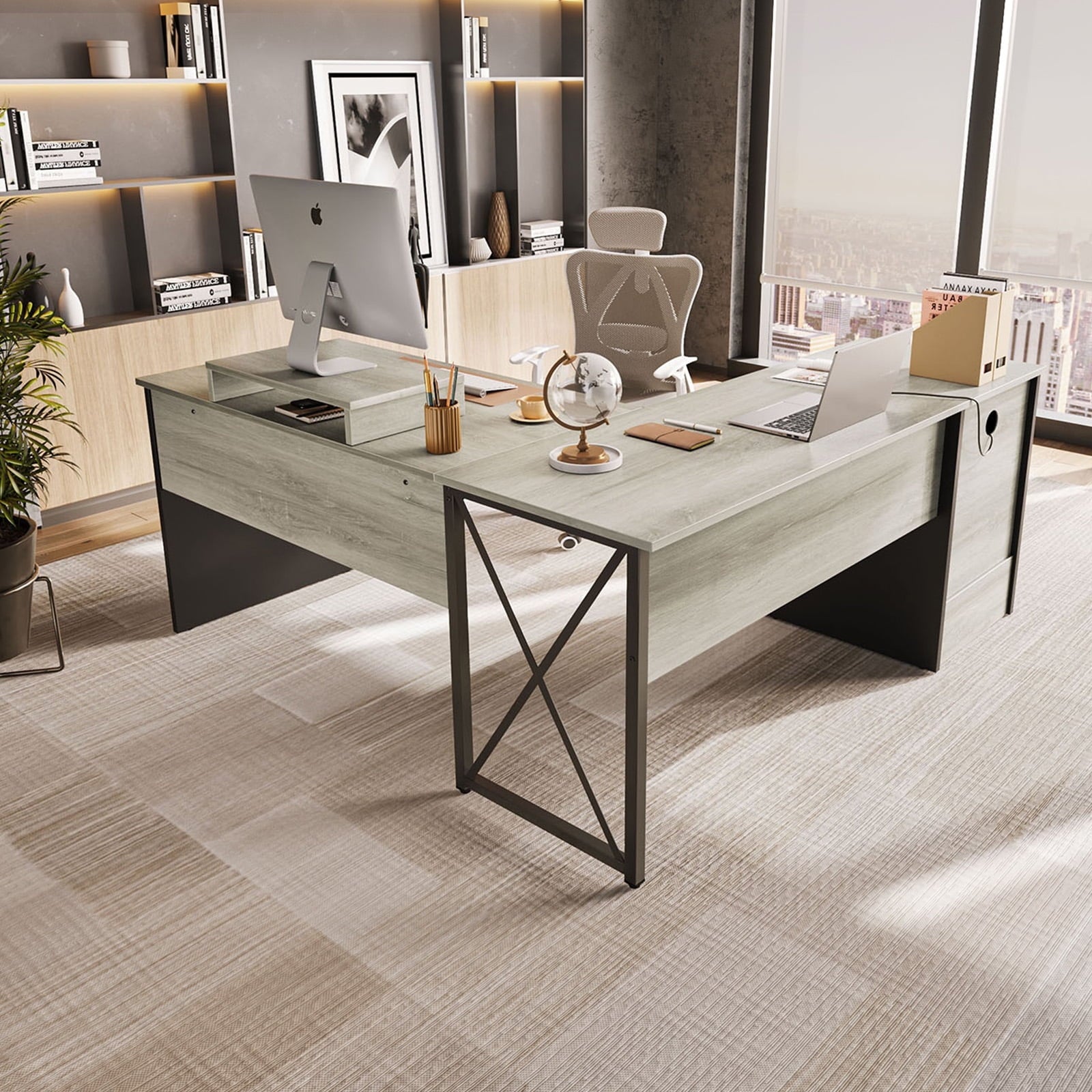 Bestier 55.7 inch L-Shaped Lift Top Desk with Storage, Sit to Stand Computer Desk with Monitor Stand & File Drawer in Grey