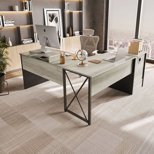 Bestier 55.7 inch L-Shaped Lift Top Desk with Storage, Sit to Stand Computer Desk with Monitor Stand & File Drawer in Grey