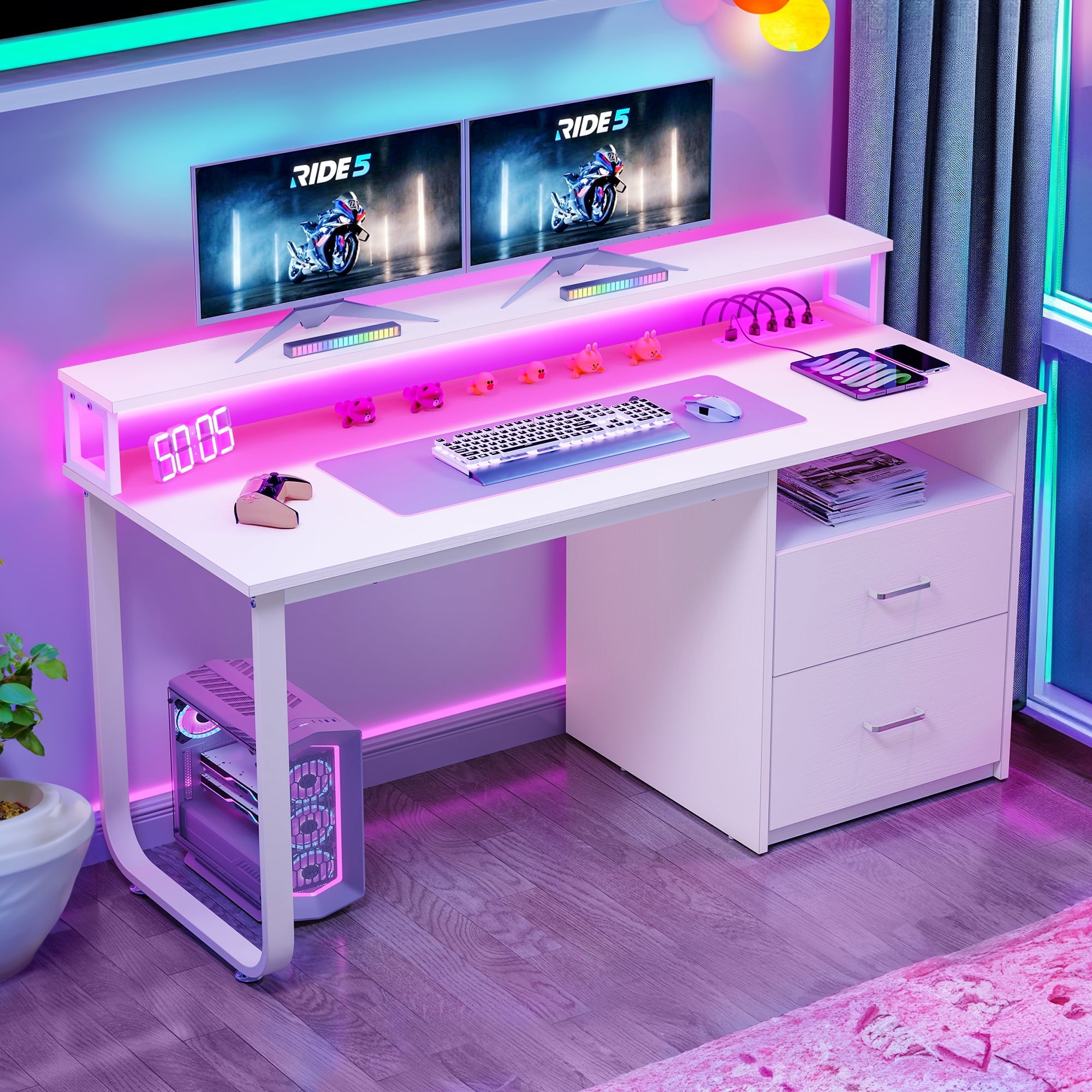 DWVO 47" Computer Desk with Storage Drawers & LED Light, Office Desk with Monitor Stand & Power Outlets, Work Study PC Desk for Small Spaces, Home Office, White