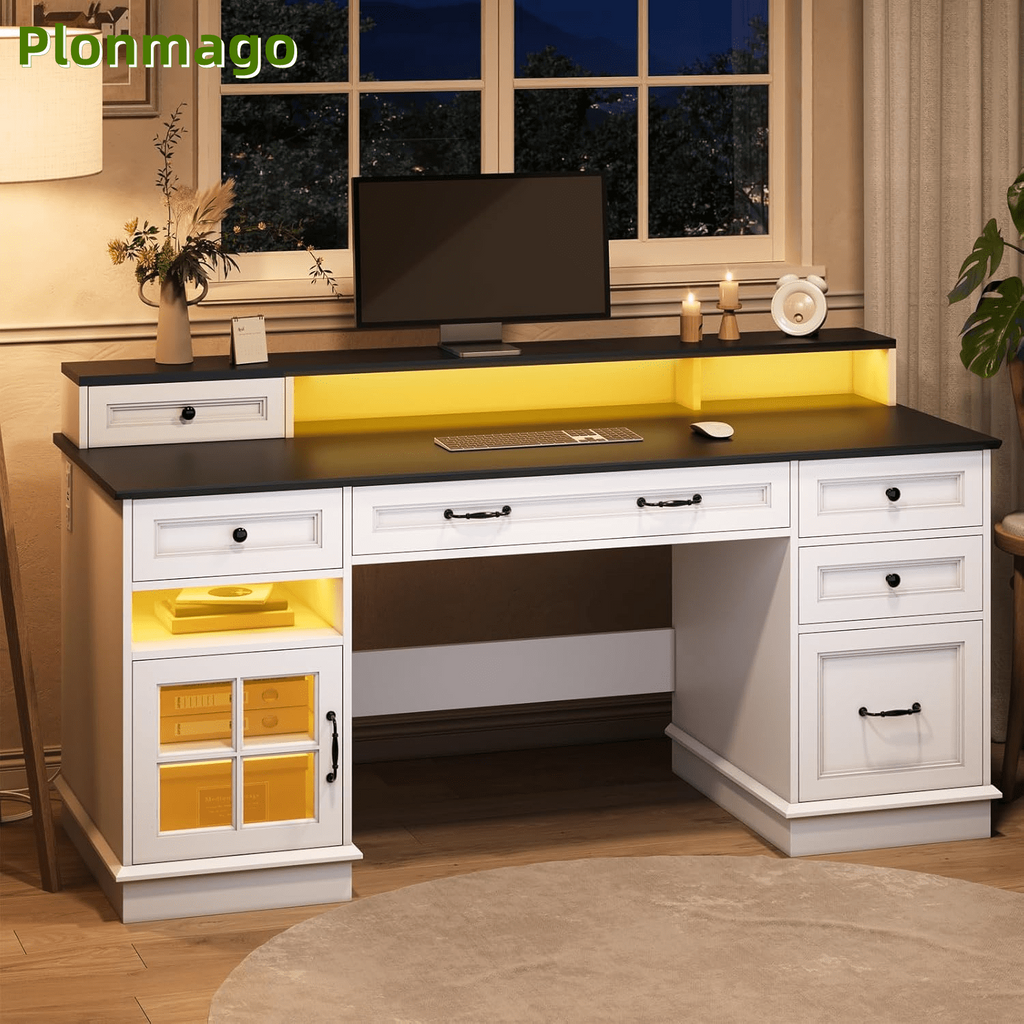 Plonmago Executive Desk with Drawers,Computer Desk with Power Outlet and Led Lights, Modern Desk with Storage Cabinet and Monitor Shelf for Home Office,Ergonomic,White