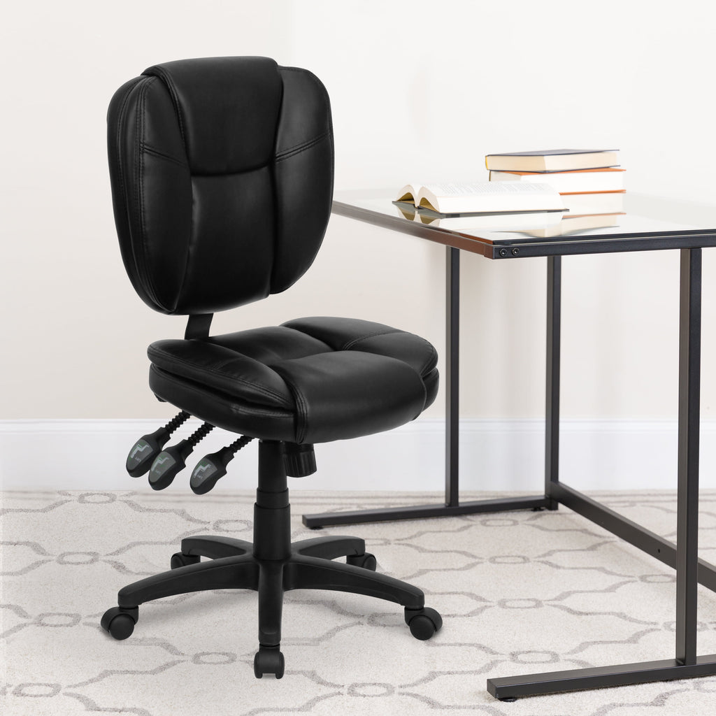 Flash Furniture Mid-Back Black LeatherSoft Multifunction Swivel Ergonomic Task Office Chair with Pillow Top Cushioning