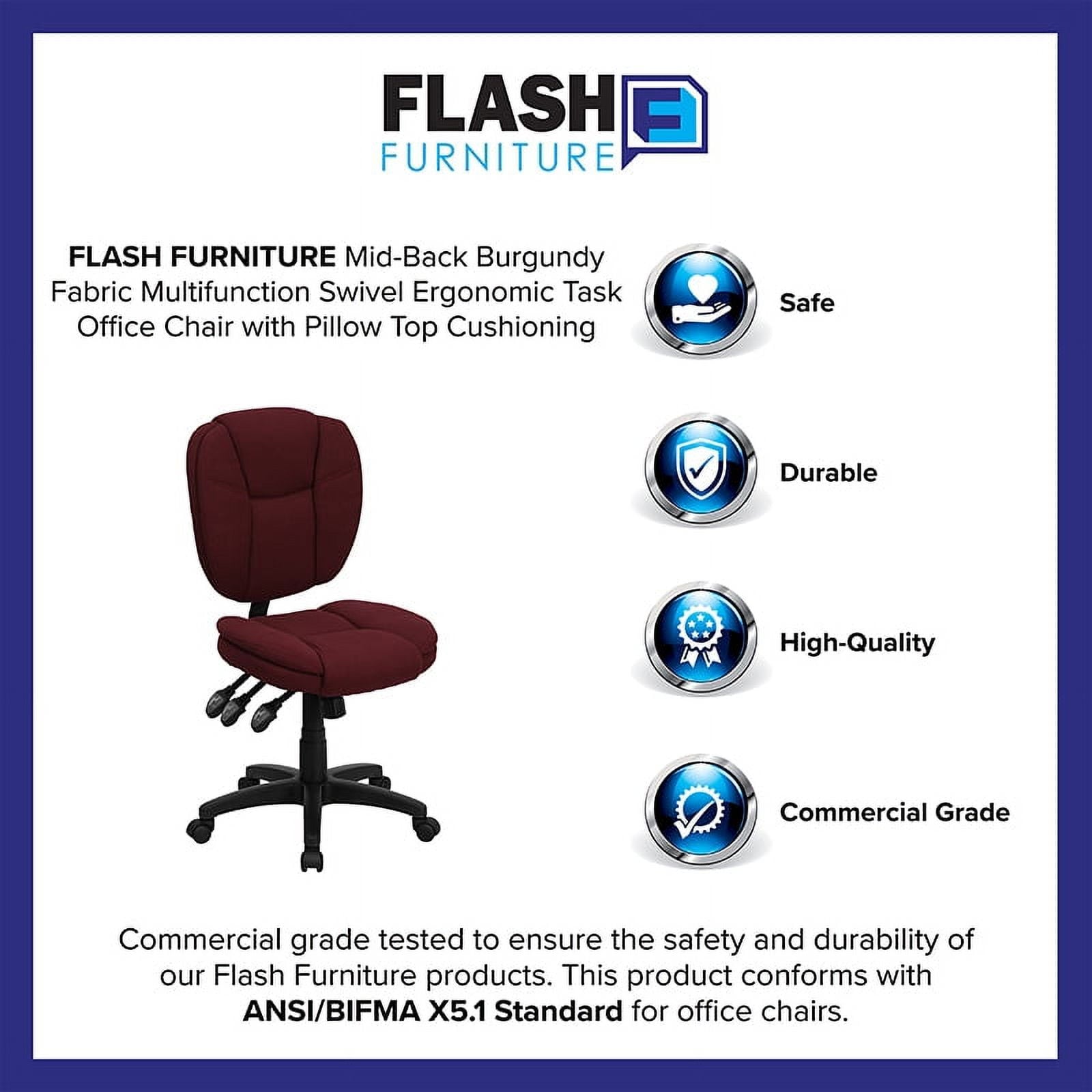 Flash Furniture Mid-Back Black LeatherSoft Multifunction Swivel Ergonomic Task Office Chair with Pillow Top Cushioning