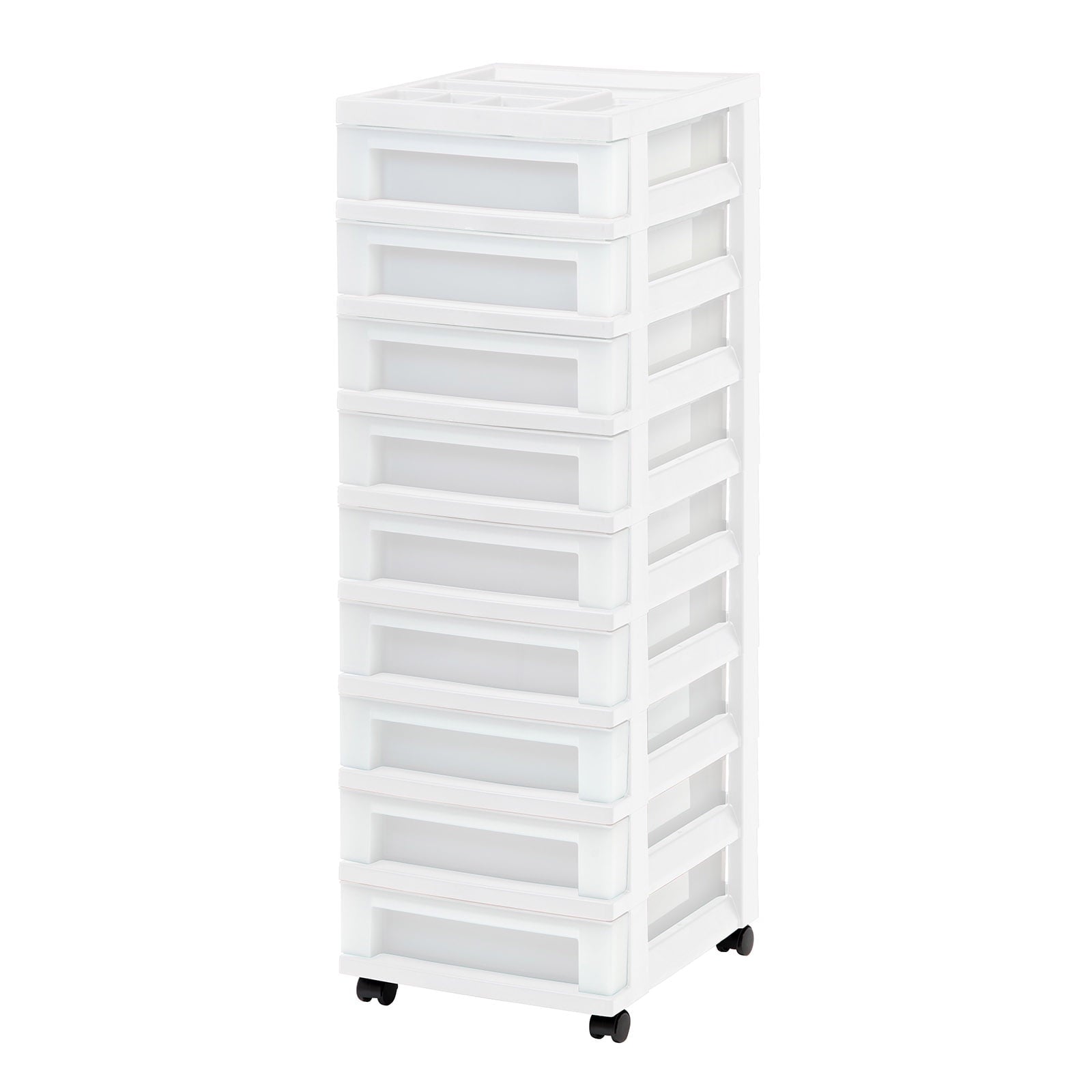 IRIS 9-Drawer Narrow Plastic Storage Drawer Cart with Organizer Top, White