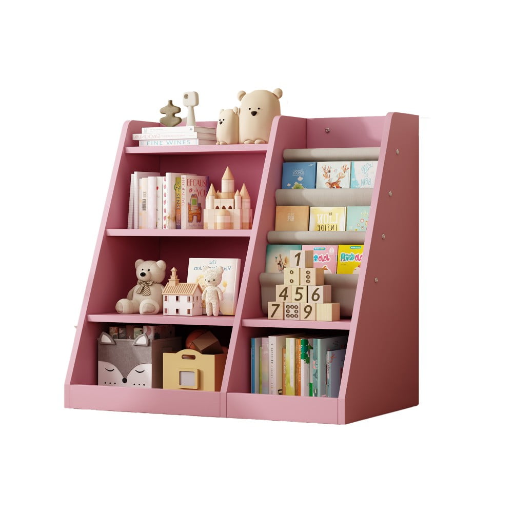 IVV Montessori Kid Bookshelf, Modern Wood Bookcase 4 Tier Children Book Rack Display Toy Storage Organizer Sling Book Rack for Classroom Bedroom Nursery Playroom (Pink)