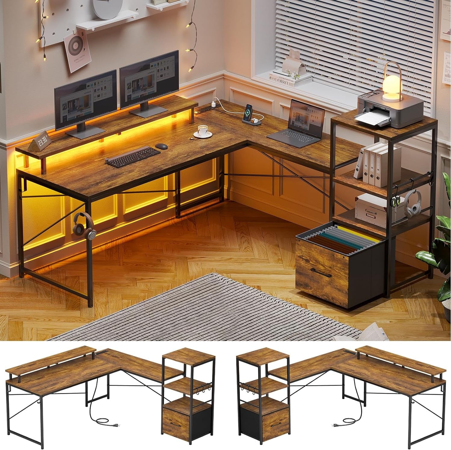 L Shaped Desk with Power Outlets and LED Lights, Reversible Computer Desk with Fabric File Drawer, Rustic Brown