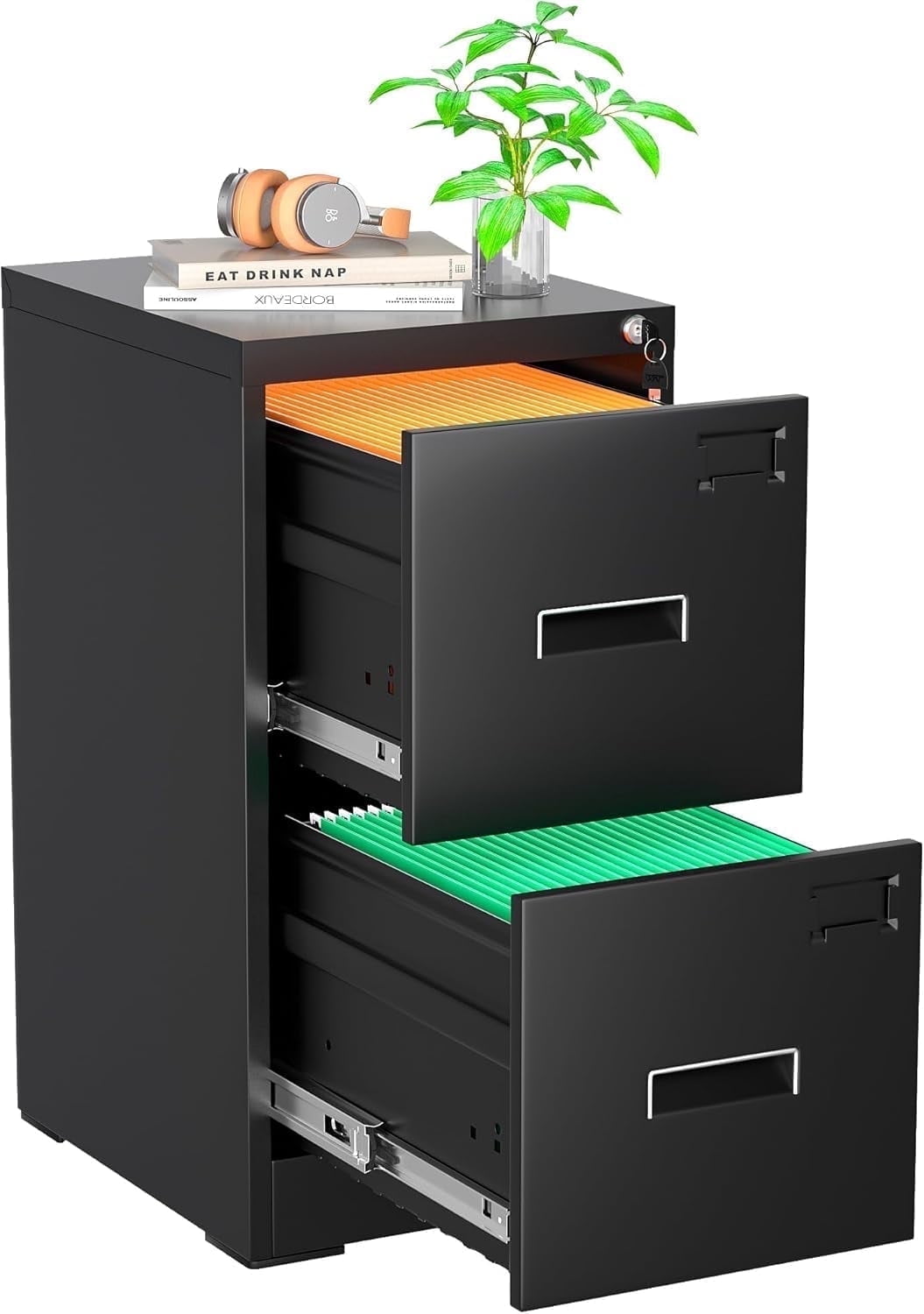 SOLAURA 2 Drawer Metal Vertical File Storage Cabinet with Lock for Home, Office, Steel File Cabinet for A4 Letter /Legal Size (Black)