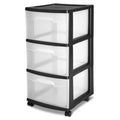 Sterilite 3 Drawer Cart, Clear Plastic Storage Drawers, Wheels Included, Black