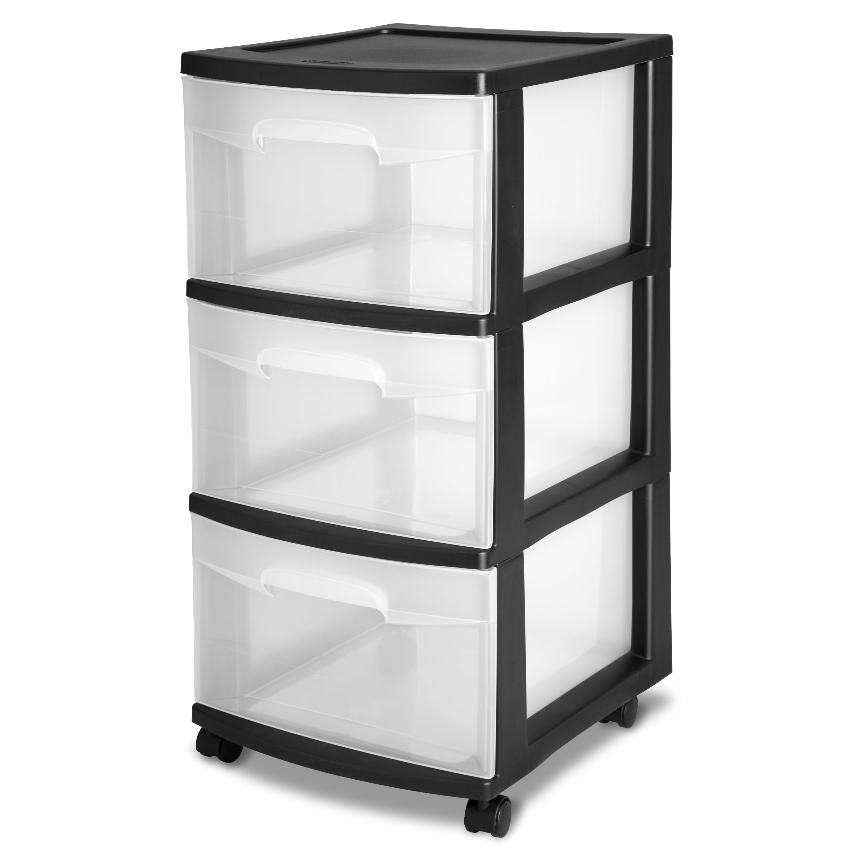 Sterilite 3 Drawer Cart, Clear Plastic Storage Drawers, Wheels Included, Black