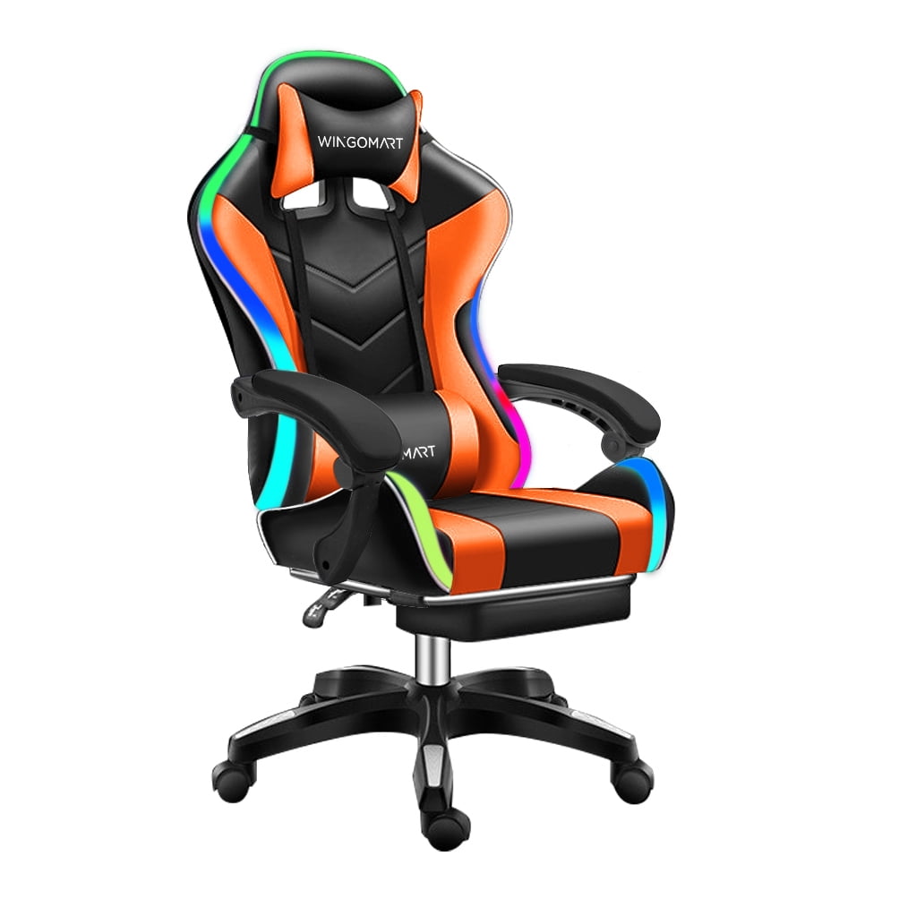 WINGOMART Ergonomic Gaming Chair with Footrest, High Back Faux Leather Gaming Chair With RGB led light and Adjustable Armrest Height Adjustable Swivel
