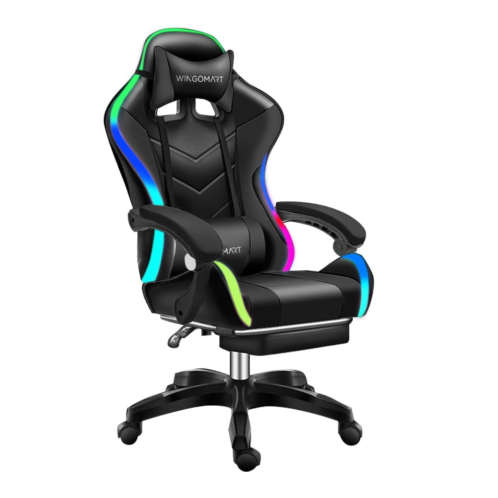 WINGOMART Ergonomic Gaming Chair with Footrest, High Back Faux Leather Gaming Chair With RGB led light and Adjustable Armrest Height Adjustable Swivel
