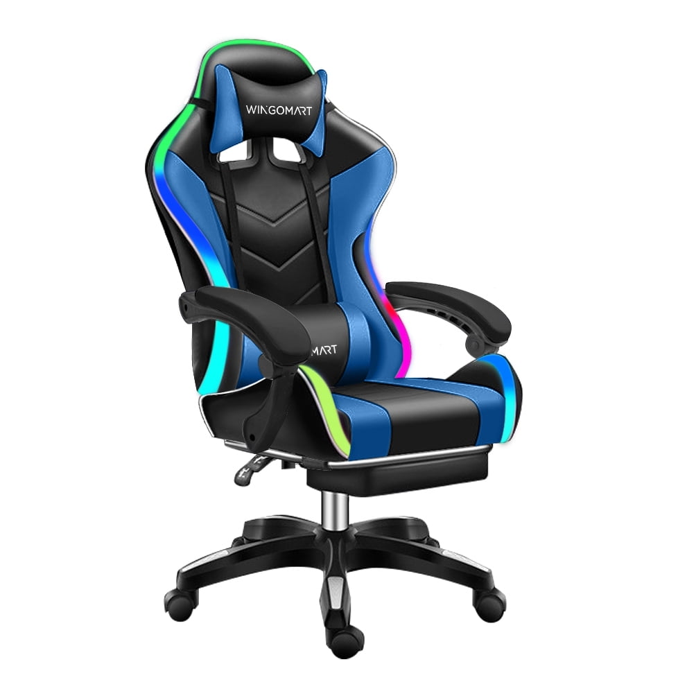 WINGOMART Ergonomic Gaming Chair with Footrest, High Back Faux Leather Gaming Chair With RGB led light and Adjustable Armrest Height Adjustable Swivel