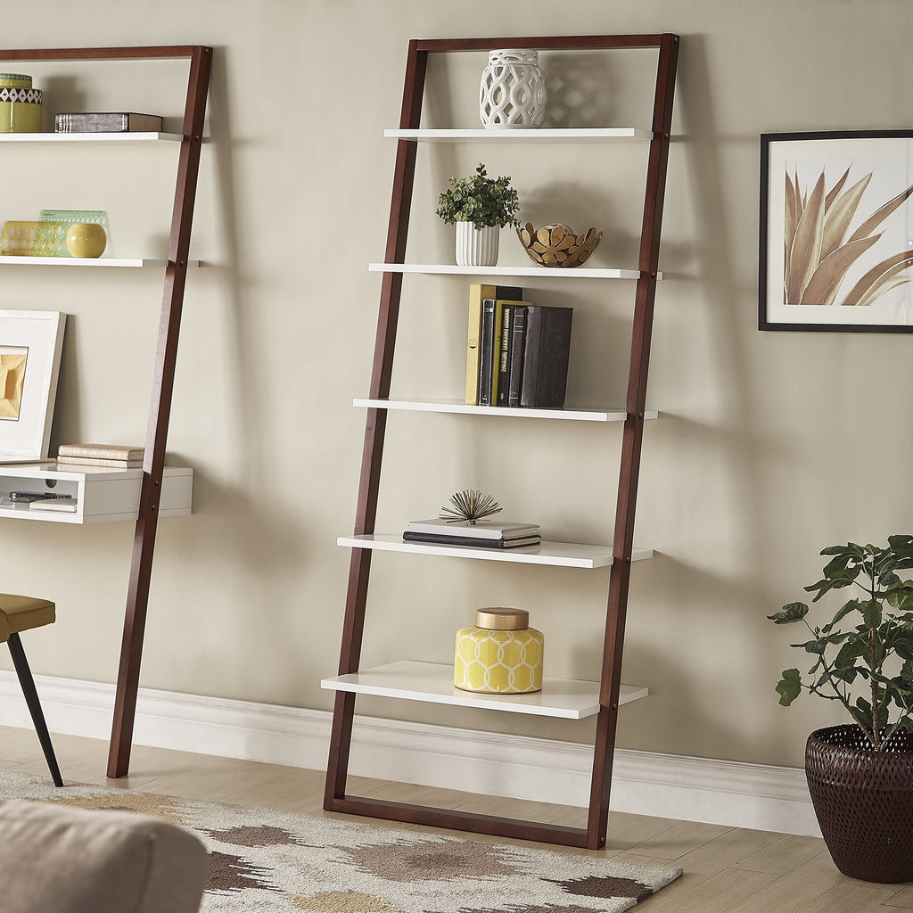 Weston Home Oliver Two-Tone 5-Shelf Leaning Ladder Bookcase, Espresso and White Finish