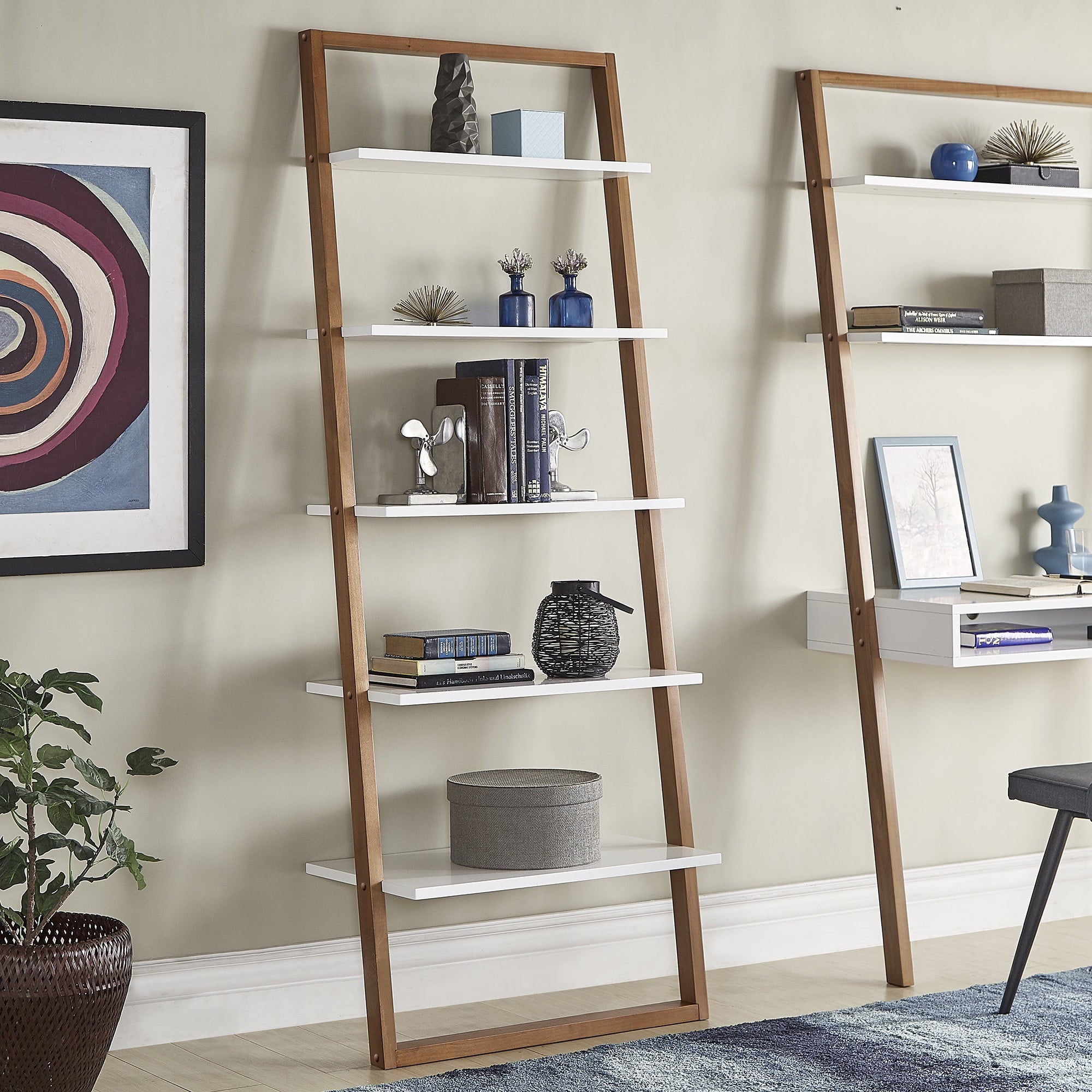 Weston Home Oliver Two-Tone 5-Shelf Leaning Ladder Bookcase, Espresso and White Finish