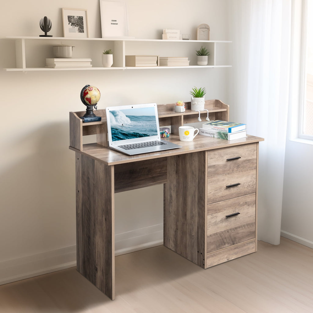 Ktaxon Wood Computer Desk Office Laptop PC Work Table, Writing Desk with 3 Drawers File Cabinet for Letter Size,Gray
