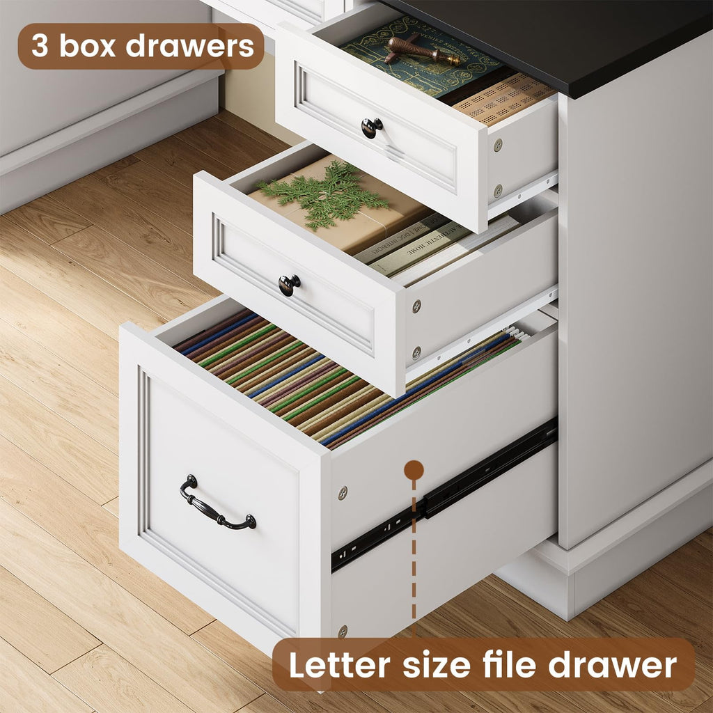 Plonmago Executive Desk with Drawers,Computer Desk with Power Outlet and Led Lights, Modern Desk with Storage Cabinet and Monitor Shelf for Home Office,Ergonomic,White