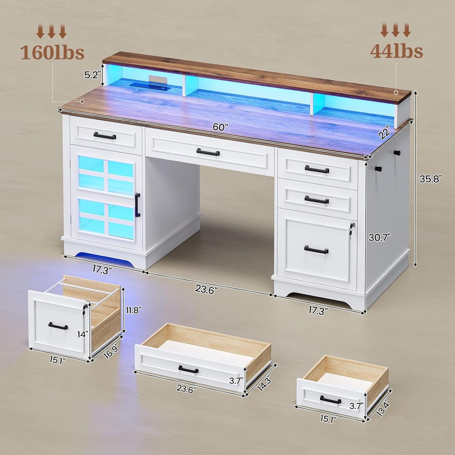 60'' Farmhouse Executive Desk with Drawers, Computer Desk with Power Outlet and LED Lights for Home, Office, White