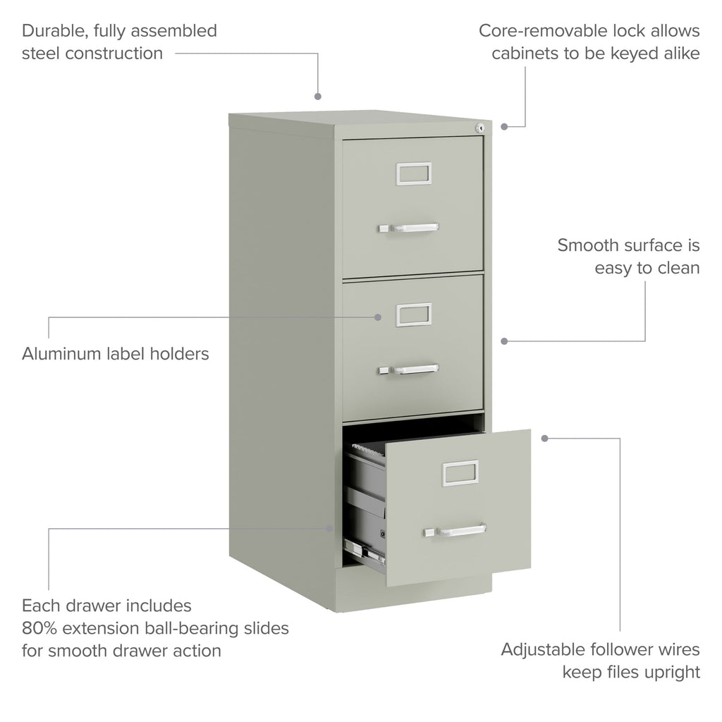 Hirsh 22" Deep 3 Drawer Letter Width Vertical File Cabinet, Commercial Grade, Gray