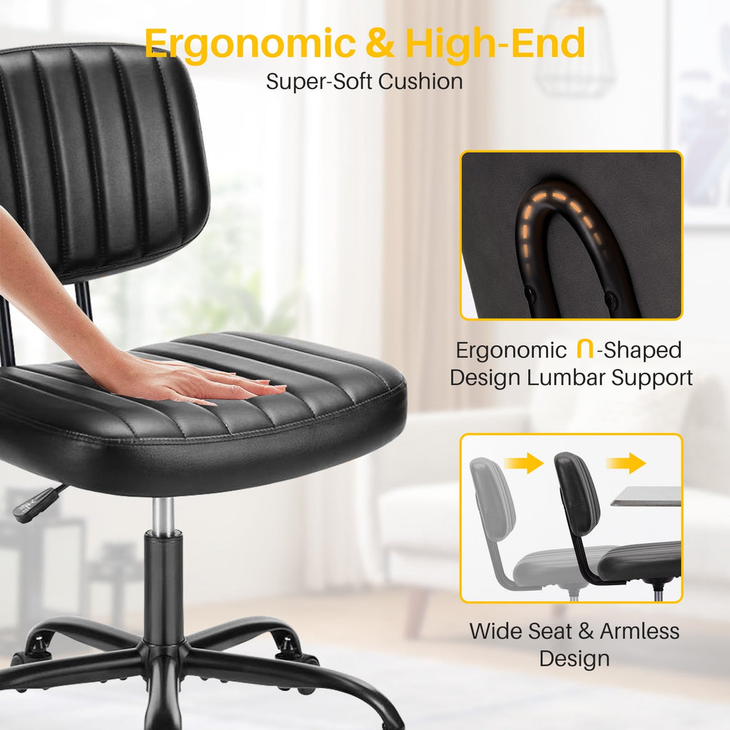 Cute Task Chair, Adjustable Armless Activity Chair with Wheels, Comfy Low Back Swivel Desk Chair, Black