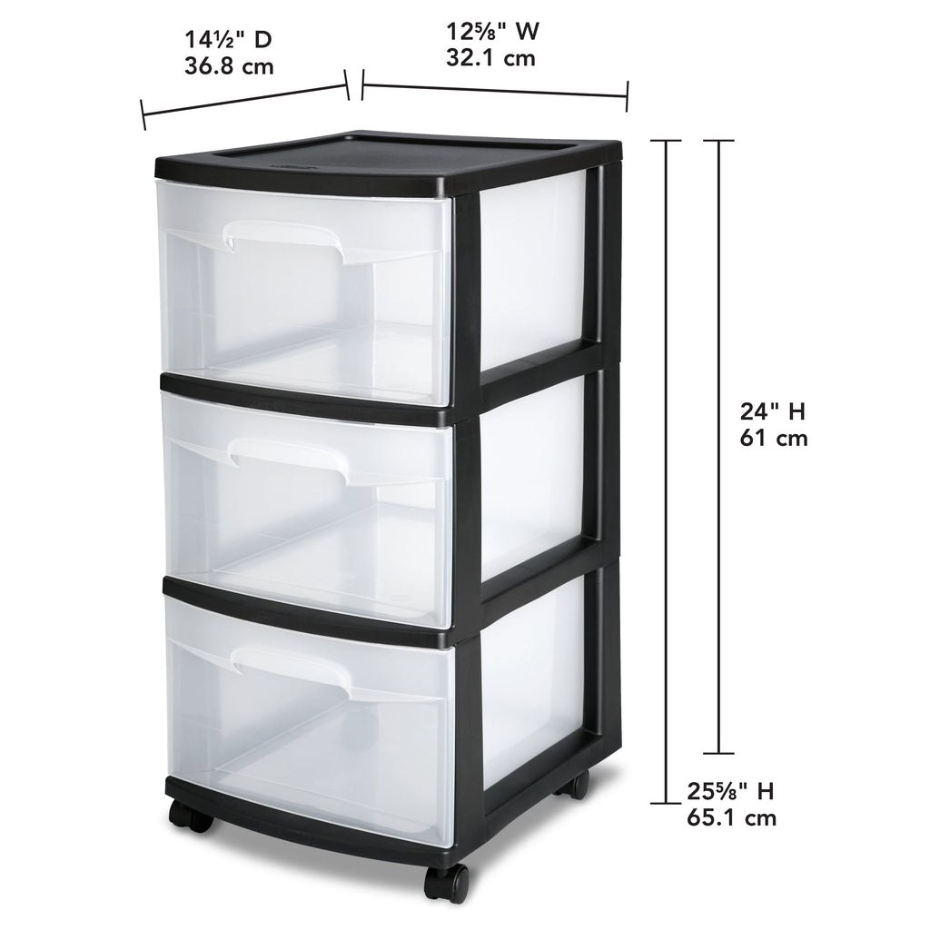 Sterilite 3 Drawer Cart, Clear Plastic Storage Drawers, Wheels Included, Black