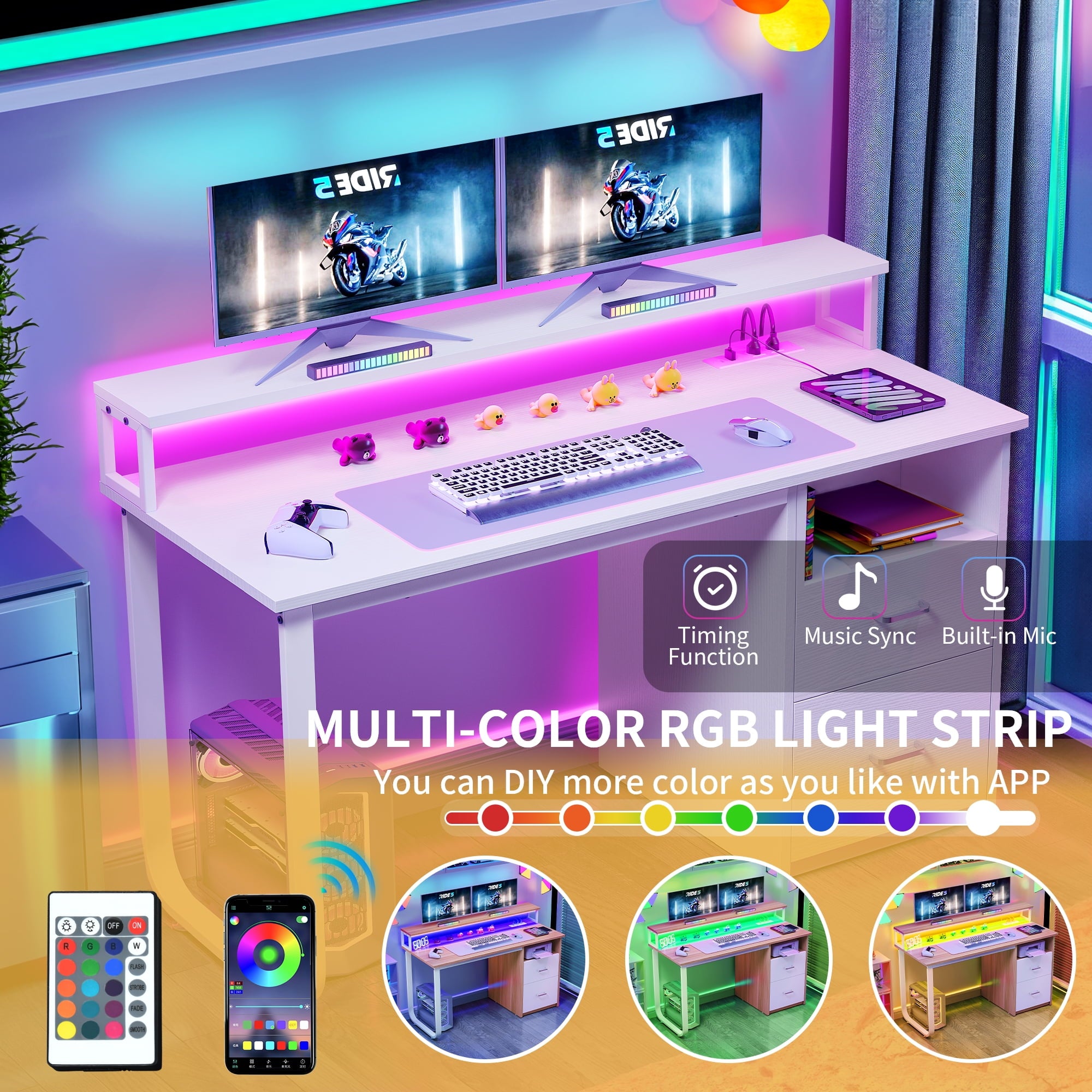 DWVO 47" Computer Desk with Storage Drawers & LED Light, Office Desk with Monitor Stand & Power Outlets, Work Study PC Desk for Small Spaces, Home Office, White