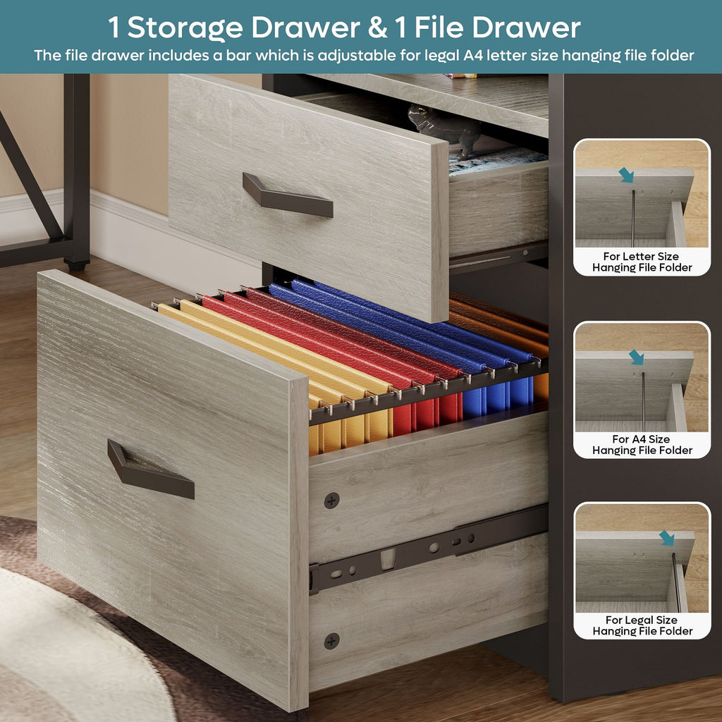 Bestier 55.7 inch L-Shaped Lift Top Desk with Storage, Sit to Stand Computer Desk with Monitor Stand & File Drawer in Grey