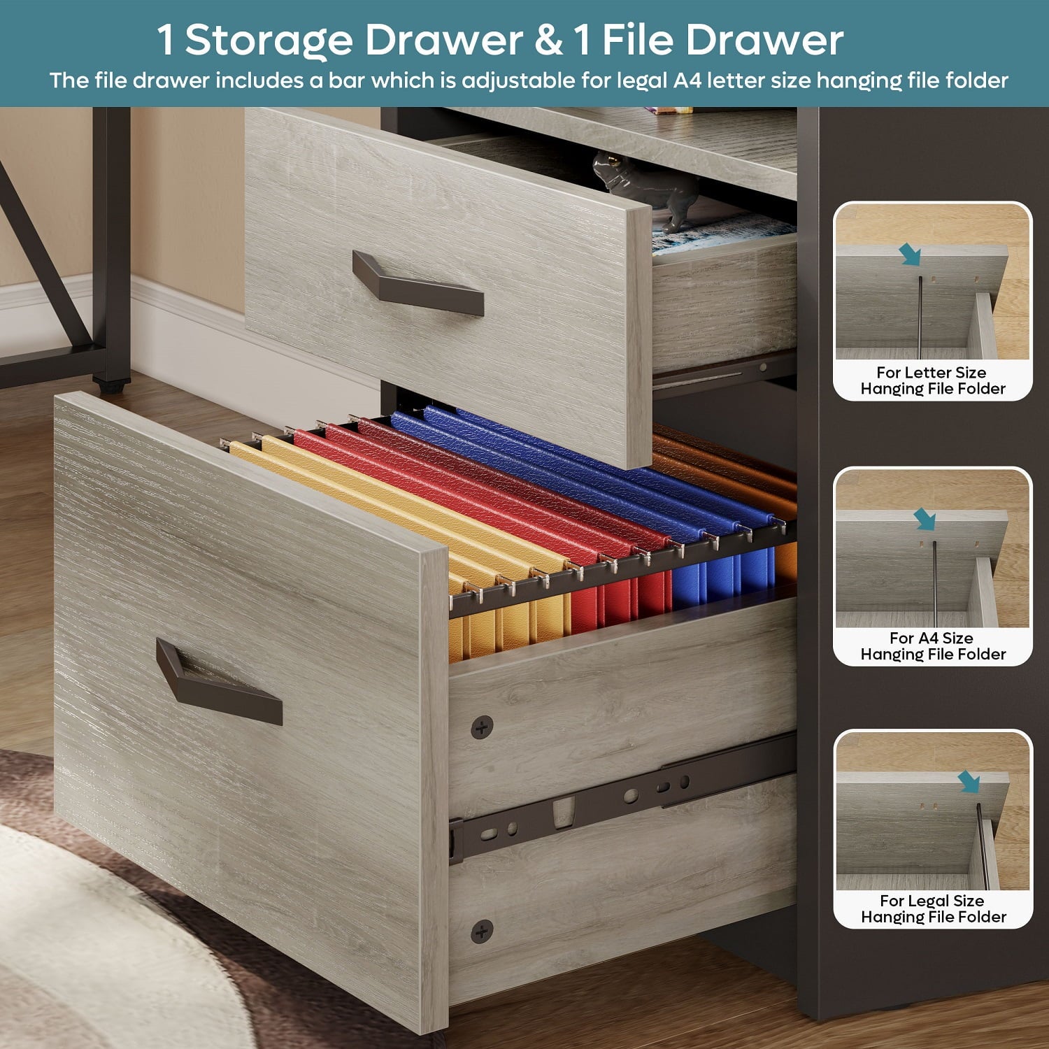 Bestier 55.7 inch L-Shaped Lift Top Desk with Storage, Sit to Stand Computer Desk with Monitor Stand & File Drawer in Grey