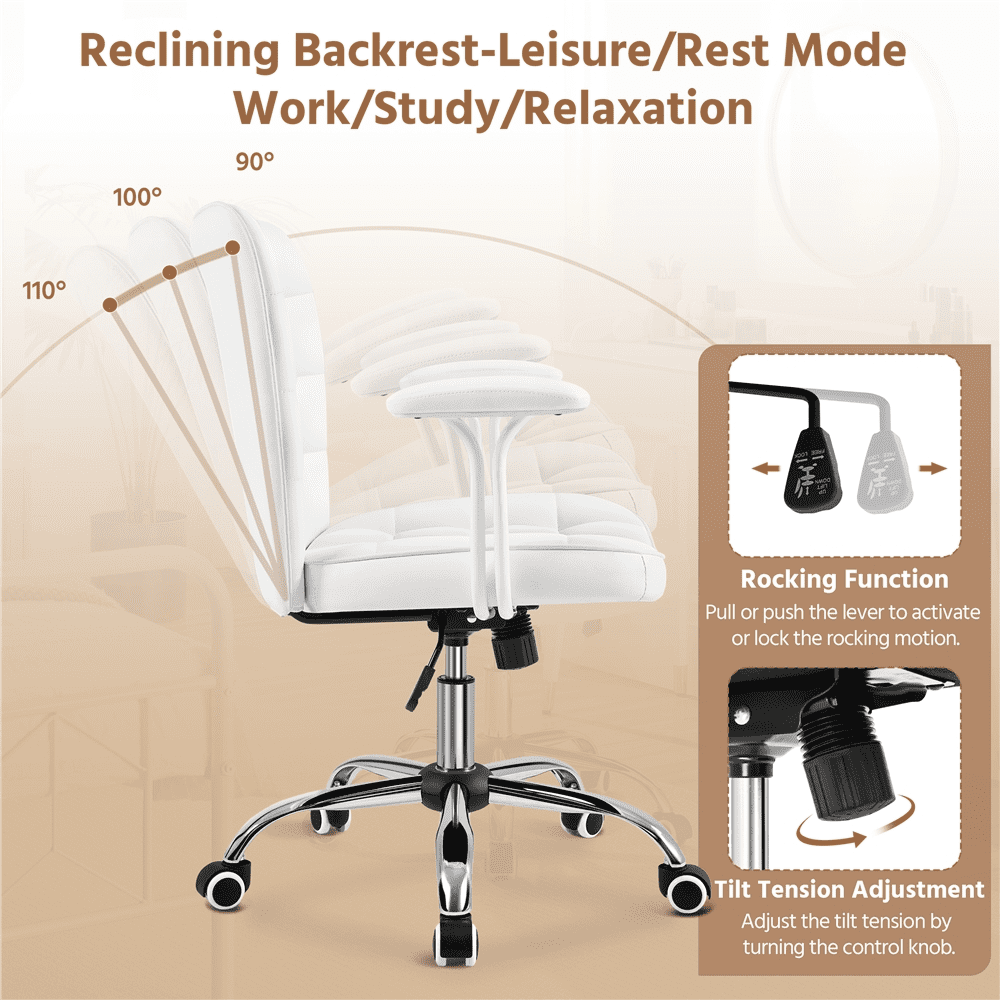 Alden Design Modern Mid-Back Faux Leather Office Chair Upholstered for Home Office, White