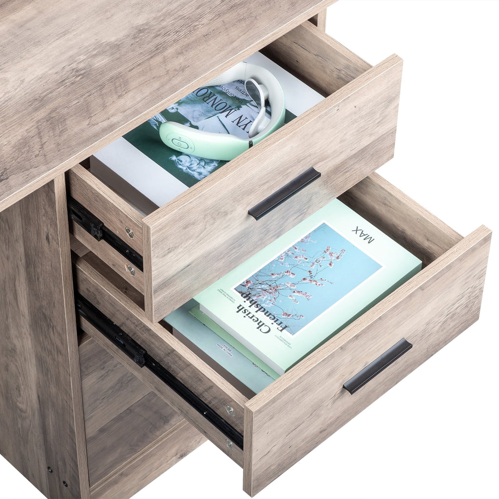 Ktaxon Wood Computer Desk Office Laptop PC Work Table, Writing Desk with 3 Drawers File Cabinet for Letter Size,Gray